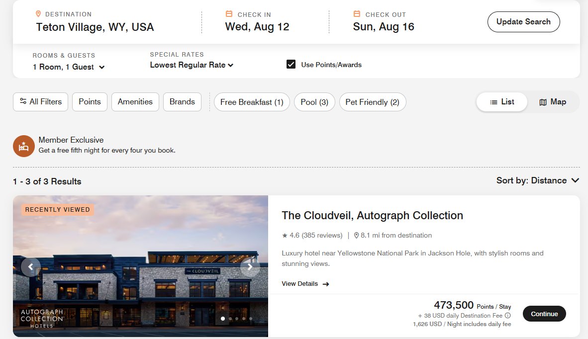 The Cloudveil Autograph Collection in Jackson Hole priced at 473,500 Bonvoy points for 4 nights, cash rate $1,626 per night