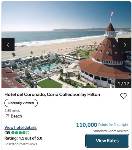 Hotel del Coronado Curio Collection by Hilton award booking showing 110,000 points for first night, Standard Room Reward, with View Rates button