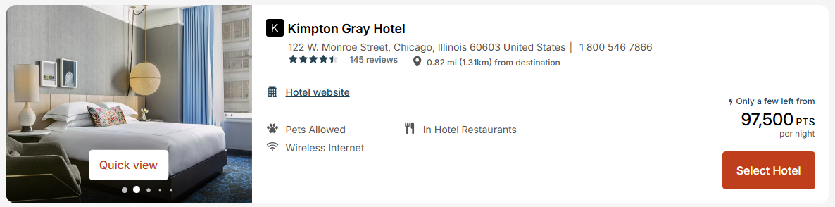 IHG award booking for Kimpton Gray Hotel in Chicago showing 97,500 points per night