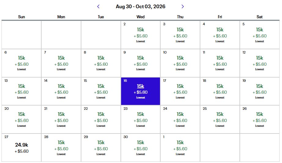 United MileagePlus award calendar for DFW to LAX, Aug 30 to Oct 3 2026, showing 15,000 miles plus $5.60 on most dates — labeled Lowest